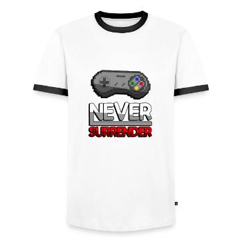 NEVER SURRENDER (Red) + SNES Controller - Gaming - Men's Ringer Shirt - white/black - Front - AI Model Female 172 light (172cm) & AI Model Male 178 dark (178cm)