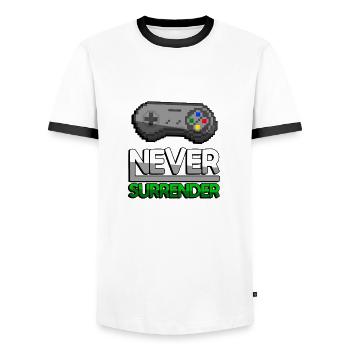 NEVER SURRENDER (Green) + SNES Controller - Gaming - Men's Ringer Shirt - white/black - Front - AI Model Female 172 light (172cm) & AI Model Male 178 dark (178cm)