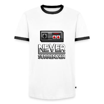 NEVER SURRENDER (Weiß) + NES Controller - Gaming - Männer Kontrast-T-Shirt - Weiß/Schwarz - Vorne - AI Model Female 172 light (172cm) & AI Model Male 178 dark (178cm)