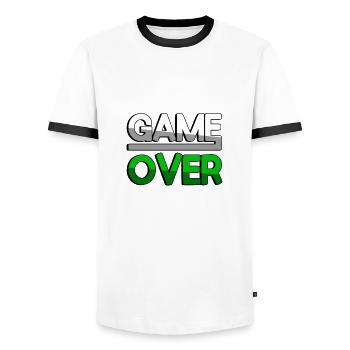 GAME OVER (Green) - Gaming - Men's Ringer Shirt - white/black - Front - AI Model Female 172 light (172cm) & AI Model Male 178 dark (178cm)