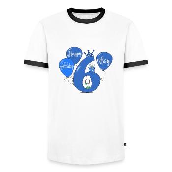 6 Birthday Boy Balloon - Men's Ringer Shirt - white/black - Front - AI Model Female 172 light (172cm) & AI Model Male 178 dark (178cm)