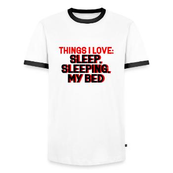 Things I Love, Sleeping In My Bed 2 - Men's Ringer Shirt - white/black - Front - AI Model Female 172 light (172cm) & AI Model Male 178 dark (178cm)