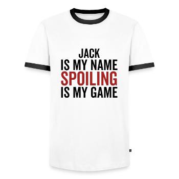 Jack is My Name Spoiling is My Game - Men's Ringer Shirt - white/black - Front - AI Model Female 172 light (172cm) & AI Model Male 178 dark (178cm)