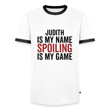 Judith ist mein Name Verderben ist mein Spiel - Männer Kontrast-T-Shirt - Weiß/Schwarz - Vorne - AI Model Female 172 light (172cm) & AI Model Male 178 dark (178cm)
