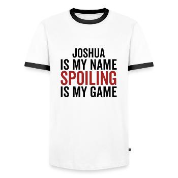 Joshua is My Name Spoiling is My Game - Men's Ringer Shirt - white/black - Front - AI Model Female 172 light (172cm) & AI Model Male 178 dark (178cm)
