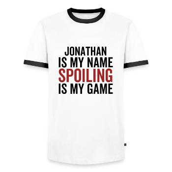Jonathan ist mein Name Verderben ist mein Spiel - Männer Kontrast-T-Shirt - Weiß/Schwarz - Vorne - AI Model Female 172 light (172cm) & AI Model Male 178 dark (178cm)