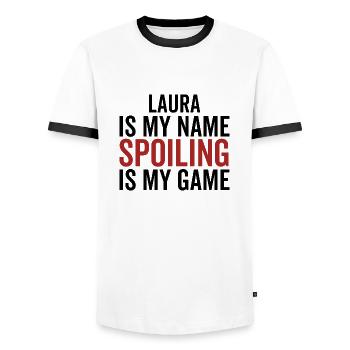 Laura ist mein Name Verderben ist mein Spiel - Männer Kontrast-T-Shirt - Weiß/Schwarz - Vorne - AI Model Female 172 light (172cm) & AI Model Male 178 dark (178cm)