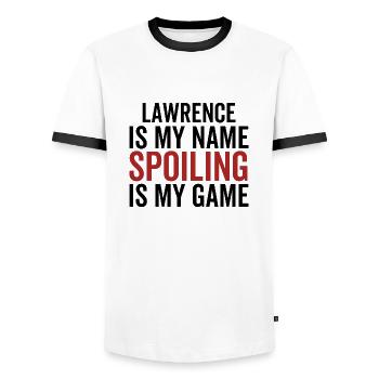 Lawrence est mon nom Spoiling est mon jeu - T-shirt contrasté Homme - blanc/noir - Devant - AI Model Female 172 light (172cm) & AI Model Male 178 dark (178cm)