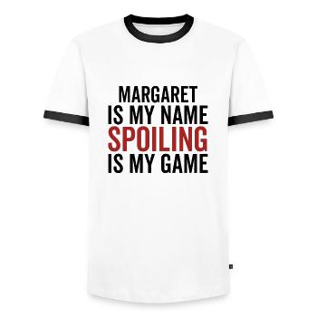 Margaret est mon nom Spoiler est mon jeu - T-shirt contrasté Homme - blanc/noir - Devant - AI Model Female 172 light (172cm) & AI Model Male 178 dark (178cm)