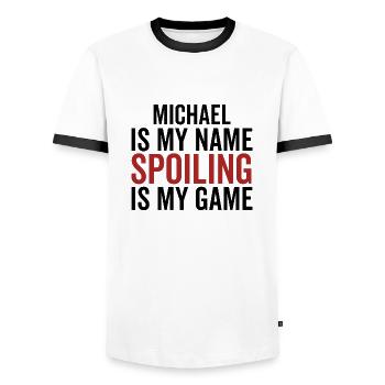 Michael est mon nom Spoiling est mon jeu - T-shirt contrasté Homme - blanc/noir - Devant - AI Model Female 172 light (172cm) & AI Model Male 178 dark (178cm)