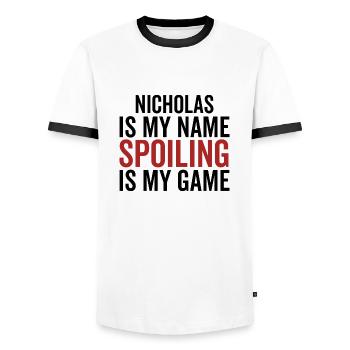 Nicholas is My Name Spoiling is My Game - Men's Ringer Shirt - white/black - Front - AI Model Female 172 light (172cm) & AI Model Male 178 dark (178cm)