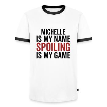 Michelle is My Name Spoiling is My Game - Men's Ringer Shirt - white/black - Front - AI Model Female 172 light (172cm) & AI Model Male 178 dark (178cm)