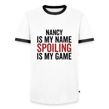 Nancy ist mein Name Verderben ist mein Spiel - Männer Kontrast-T-Shirt - Weiß/Schwarz - Vorne - AI Model Female 172 light (172cm) & AI Model Male 178 dark (178cm)