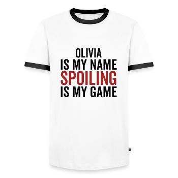 Olivia is My Name Spoiling is My Game - Men's Ringer Shirt - white/black - Front - AI Model Female 172 light (172cm) & AI Model Male 178 dark (178cm)