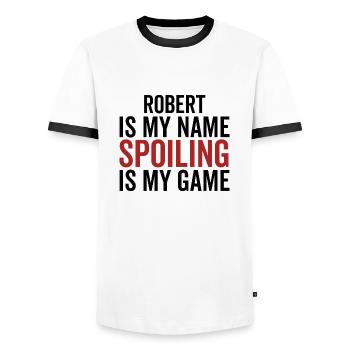 Robert is My Name Spoiling is My Game - Men's Ringer Shirt - white/black - Front - AI Model Female 172 light (172cm) & AI Model Male 178 dark (178cm)