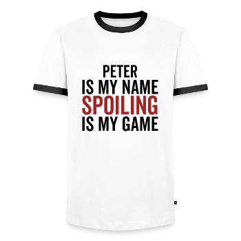 Peter is My Name Spoiling is My Game - Men's Ringer Shirt - white/black - Front - AI Model Female 172 light (172cm) & AI Model Male 178 dark (178cm)