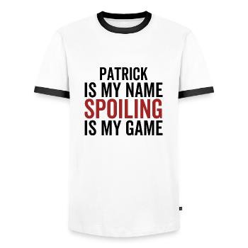 Patrick est mon nom Spoiling est mon jeu - T-shirt contrasté Homme - blanc/noir - Devant - AI Model Female 172 light (172cm) & AI Model Male 178 dark (178cm)