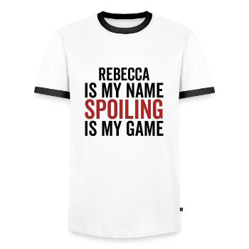 Rebecca is My Name Spoiling is My Game - Men's Ringer Shirt - white/black - Front - AI Model Female 172 light (172cm) & AI Model Male 178 dark (178cm)