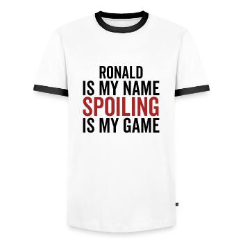 Ronald is My Name Spoiling is My Game - Men's Ringer Shirt - white/black - Front - AI Model Female 172 light (172cm) & AI Model Male 178 dark (178cm)