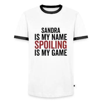 Sandra is My Name Spoiling is My Game - Men's Ringer Shirt - white/black - Front - AI Model Female 172 light (172cm) & AI Model Male 178 dark (178cm)