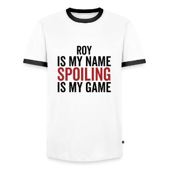 Roy ist mein Name Verderben ist mein Spiel - Männer Kontrast-T-Shirt - Weiß/Schwarz - Vorne - AI Model Female 172 light (172cm) & AI Model Male 178 dark (178cm)