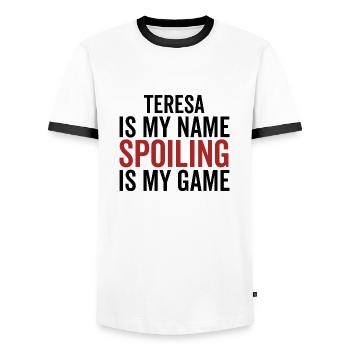 Teresa ist mein Name Verderben ist mein Spiel - Männer Kontrast-T-Shirt - Weiß/Schwarz - Vorne - AI Model Female 172 light (172cm) & AI Model Male 178 dark (178cm)