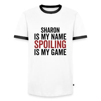 Sharon is My Name Spoiling is My Game - Men's Ringer Shirt - white/black - Front - AI Model Female 172 light (172cm) & AI Model Male 178 dark (178cm)