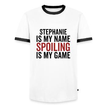 Stephanie is My Name Spoiling is My Game - Men's Ringer Shirt - white/black - Front - AI Model Female 172 light (172cm) & AI Model Male 178 dark (178cm)
