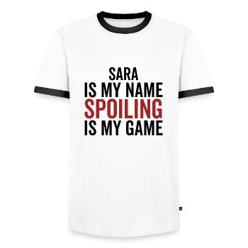 Sara ist mein Name Verderben ist mein Spiel - Männer Kontrast-T-Shirt - Weiß/Schwarz - Vorne - AI Model Female 172 light (172cm) & AI Model Male 178 dark (178cm)