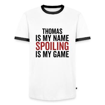 Thomas is My Name Spoiling is My Game - Men's Ringer Shirt - white/black - Front - AI Model Female 172 light (172cm) & AI Model Male 178 dark (178cm)