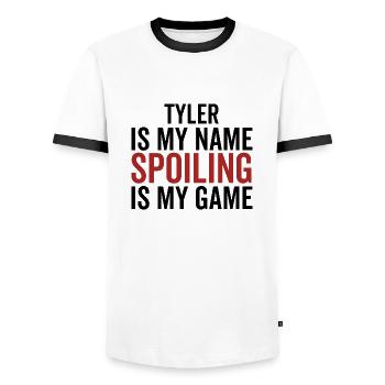 Tyler is My Name Spoiling is My Game - Men's Ringer Shirt - white/black - Front - AI Model Female 172 light (172cm) & AI Model Male 178 dark (178cm)