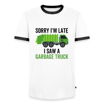 Sorry I'm Late I Saw a Garbage Truck - Men's Ringer Shirt - white/black - Front - AI Model Female 172 light (172cm) & AI Model Male 178 dark (178cm)