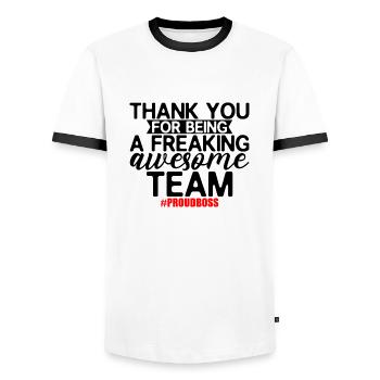 Merci d’être une équipe géniale 2 - T-shirt contrasté Homme - blanc/noir - Devant - AI Model Female 172 light (172cm) & AI Model Male 178 dark (178cm)