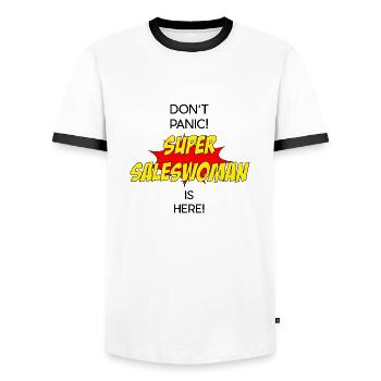 Super Saleswoman / Super Verkäuferin - Männer Kontrast-T-Shirt - Weiß/Schwarz - Vorne - AI Model Female 172 light (172cm) & AI Model Male 178 dark (178cm)