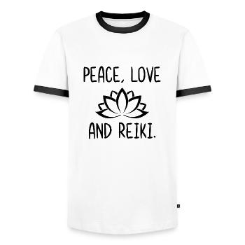 Paix Amour et Reiki - T-shirt contrasté Homme - blanc/noir - Devant - AI Model Female 172 light (172cm) & AI Model Male 178 dark (178cm)