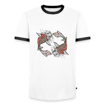 Japanese koi carp fish drawing 14035 A - Men's Ringer Shirt - white/black - Front - AI Model Female 172 light (172cm) & AI Model Male 178 dark (178cm)