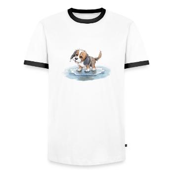 Happy dog playing in a rain puddle - Men's Ringer Shirt - white/black - Front - AI Model Female 172 light (172cm) & AI Model Male 178 dark (178cm)