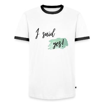 I said yes green - Men's Ringer Shirt - white/black - Front - AI Model Female 172 light (172cm) & AI Model Male 178 dark (178cm)