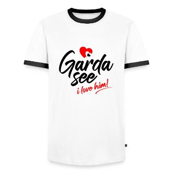 Lake garda. I love him. I love him - Men's Ringer Shirt - white/black - Front - AI Model Female 172 light (172cm) & AI Model Male 178 dark (178cm)