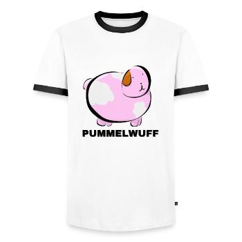 Pummelwuff - entdecke das Pummelmon in dir - Männer Kontrast-T-Shirt - Weiß/Schwarz - Vorne - AI Model Female 172 light (172cm) & AI Model Male 178 dark (178cm)