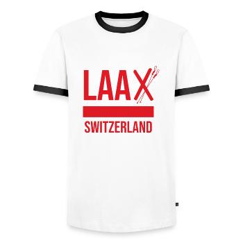 Laax Graubünden Souvenir - Men's Ringer Shirt - white/black - Front - AI Model Female 172 light (172cm) & AI Model Male 178 dark (178cm)