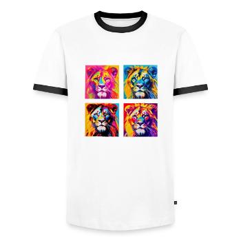 Regal Lion Power: Auffälliges T-Shirt im Pop-Art-Stil - Männer Kontrast-T-Shirt - Weiß/Schwarz - Vorne - AI Model Female 172 light (172cm) & AI Model Male 178 dark (178cm)