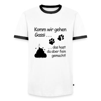 Komm wir gehen Gassi: Belohnung in Pfotenform - Männer Kontrast-T-Shirt - Weiß/Schwarz - Vorne - AI Model Female 172 light (172cm) & AI Model Male 178 dark (178cm)