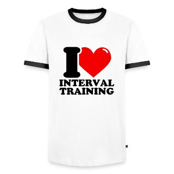 I Love Interval Training – Fitness Weightlifting - Men's Ringer Shirt - white/black - Front - AI Model Female 172 light (172cm) & AI Model Male 178 dark (178cm)