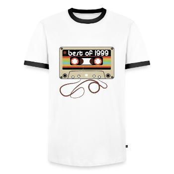 Legendary vintage 1999 - Men's Ringer Shirt - white/black - Front - AI Model Female 172 light (172cm) & AI Model Male 178 dark (178cm)