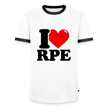 I Love RPE - Fitness Haltérophilie Drôle - T-shirt contrasté Homme - blanc/noir - Devant - AI Model Female 172 light (172cm) & AI Model Male 178 dark (178cm)