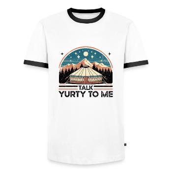 Talk Yurty To Me - Lustiges Zeltliebhaber Geschenk - Männer Kontrast-T-Shirt - Weiß/Schwarz - Vorne - AI Model Female 172 light (172cm) & AI Model Male 178 dark (178cm)