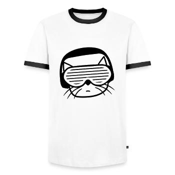 DJ Katze Kopf Gesicht Party Club Musik Haustier - Männer Kontrast-T-Shirt - Weiß/Schwarz - Vorne - AI Model Female 172 light (172cm) & AI Model Male 178 dark (178cm)
