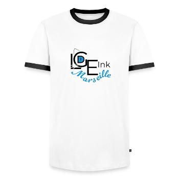 LGDE Ink - L’Œil Félin - T-shirt contrasté Homme - blanc/noir - Devant - AI Model Female 172 light (172cm) & AI Model Male 178 dark (178cm)