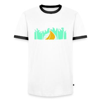 Schiff Sonne Palmen Südsee Abend Sonnenuntergang - Männer Kontrast-T-Shirt - Weiß/Schwarz - Vorne - AI Model Female 172 light (172cm) & AI Model Male 178 dark (178cm)